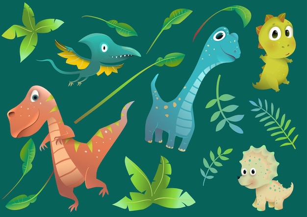 Dinosaurs with Prehistoric Nature Isolated Clipart