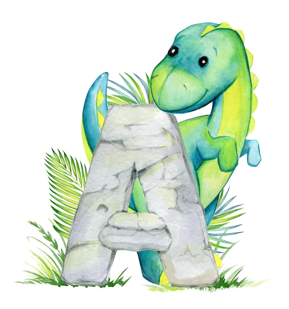 Dinosaurus blauwe letter steen tropische planten Aquarel clipart op een geïsoleerde achtergrond