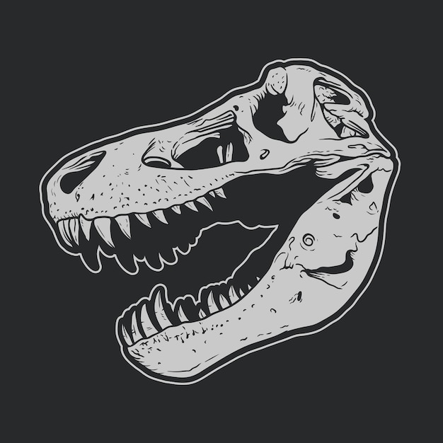 Dinosaurus hoofd skelet hand getekende vector illustratie op zwarte achtergrond