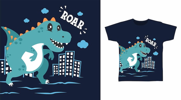 Dinosaurus in stad cartoon tshirt ontwerpconcept