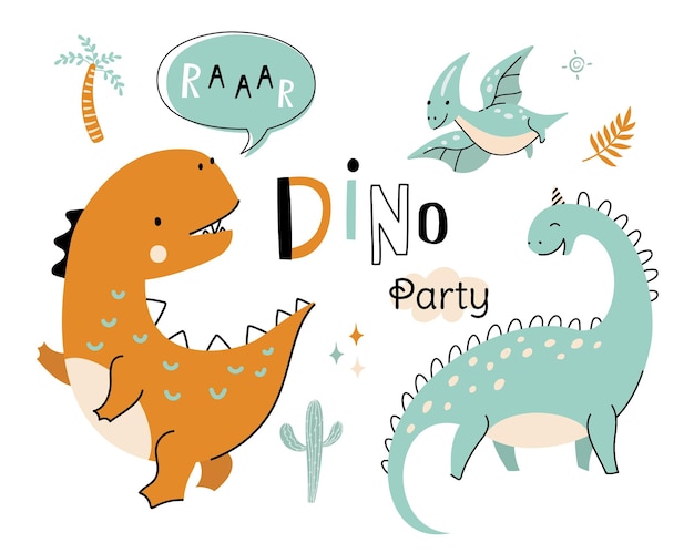 Dinosaurus poster voor cool kind jongen feest Schattige dino print tshirt kunstkaart met grappige dinosaurussen Geïsoleerde wilde prehistorische dieren voor hedendaagse kwekerij vector achtergrond van dinosaurus schattige illustratie