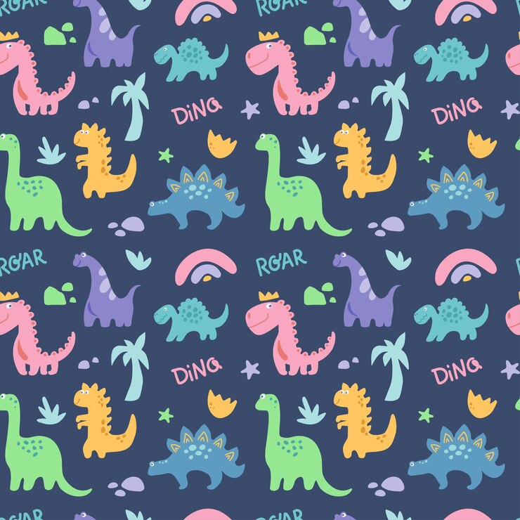 Dinosaurus schattig naadloos patroon met regenboog palmboom stenen tak geïsoleerd op blauw