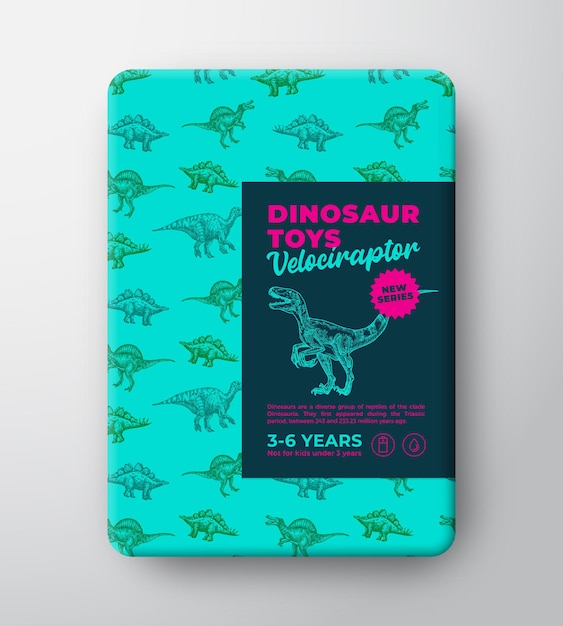 Dinosaurus speelgoed labelsjabloon. abstracte vector verpakking ontwerp lay-out. hand getekende velociraptor schets met oude reptielen wezens patroon achtergrond en realistische schaduwen. geïsoleerd.