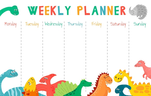 Dinosaurussen briefpapier wekelijkse planner en dagelijkse organisator voor kinderen maandag tot zondag schema leuke vectorelementen en grappige stickers plus opgemerkt en weekend fun pagina's kleurrijke illustratie