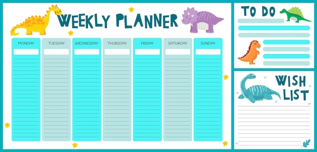 Dinosaurussen briefpapier wekelijkse planner en dagelijkse organisator voor kinderen maandag tot zondag schema schattig vect