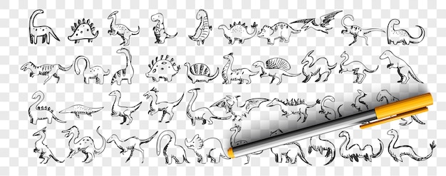 Dinosaurussen doodle set. verzameling van hand getrokken komische speelgoed grappige dino tekens tyrannosaurus, stegosaurus en diplodocus op transparante achtergrond prehistorische dieren illustratie.