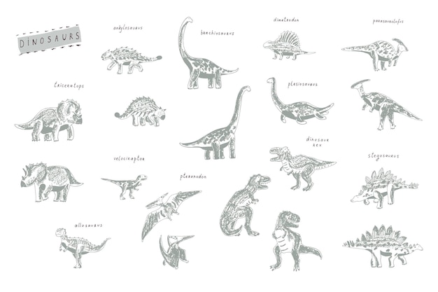 Dinosaurussen illustraties vector doodle set met hand getrokken namen