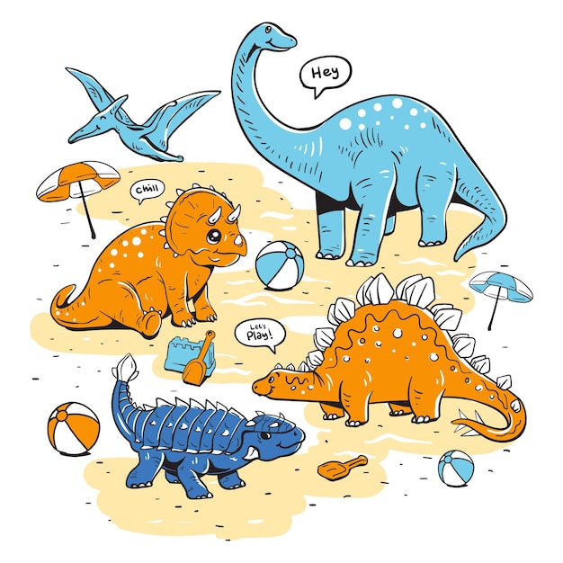 Dinosaurussen op het strand Dinosaurussen en vrienden spelen Sands Beach Party vectorillustratie