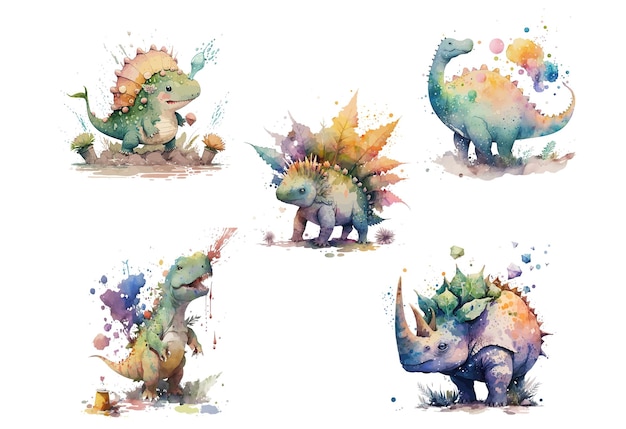 Dinosaurussen Set in aquarel stijl Geïsoleerde vectorillustratie