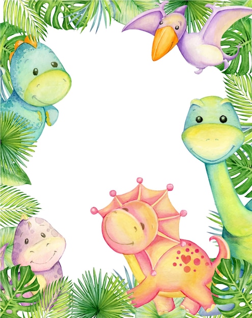 Vector dinosaurussen verschillende kleuren tropische bladeren aquarel frame cartoon stijl