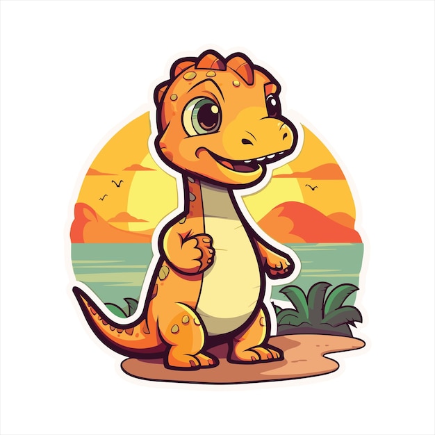 Dinsaur Cute Funny Cartoon Kawaii Watercolor Beach Summer Sunset Animal Pet Sticker Illustration
