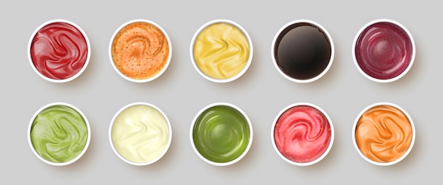 Vector dip sauces top view. bowls with mayonnaise, tomato ketchup, mustard, pesto, curry and guacamole. realistic spicy seasoning sauce vector set