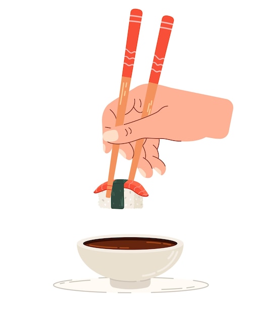 Vector dip sushi in soy sauce chinese chopsticks in hand