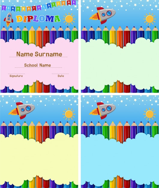 Vector diploma and background template with color pencils