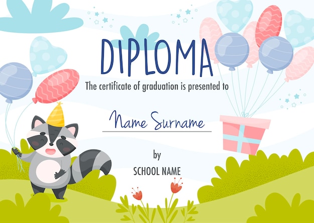 Diploma certificaat concept sjabloon met schattige wasbeer stripfiguur met ballonnen