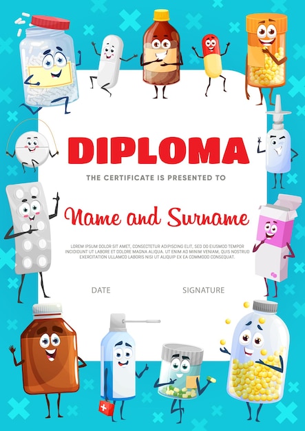 Vector diploma certificaat happy cartoon medicijnpillen