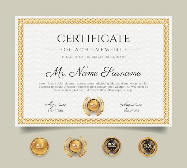 Diploma certificate border template with golden line art and badges