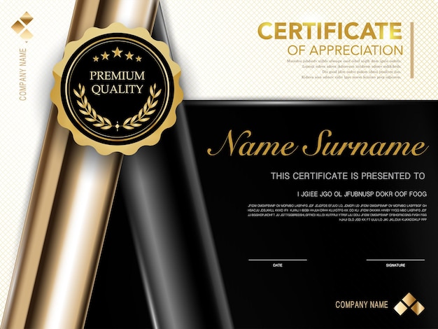Шаблон сертификата диплома черно-золотого цвета с роскошным и современным векторным изображением стиля.