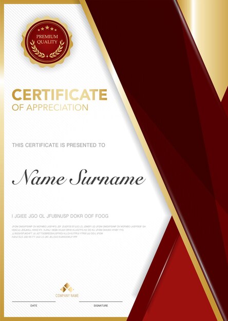 Шаблон сертификата диплома красно-золотого цвета с роскошным и современным стилем векторное изображение подходит