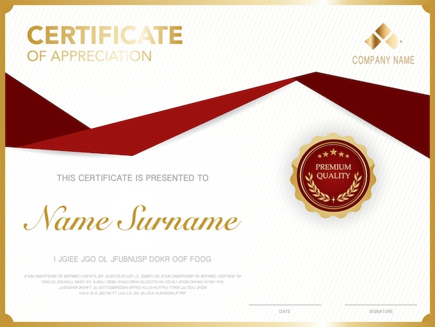 Vettore modello di certificato di diploma di colore rosso e oro con immagine vettoriale di lusso e stile moderno