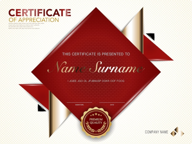 шаблон сертификата диплома красного и золотого цвета с роскошным и современным стилем векторное изображение