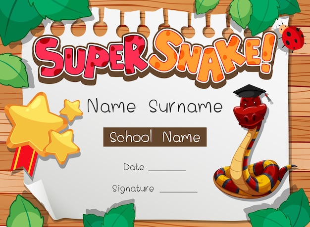 Diploma or certificate template for school kids with super snake cartoon character