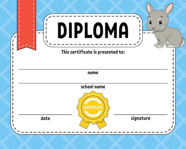 Diploma certificate template For school and preschool For kids and children