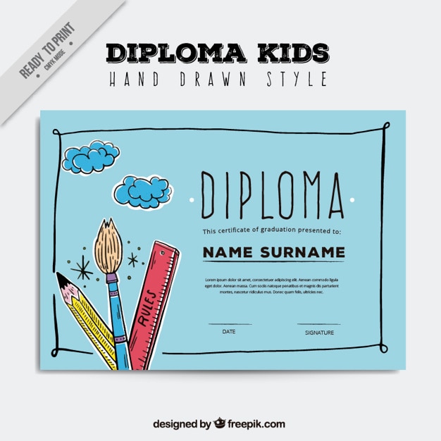 Vector diploma of children with hand drawn artistic elements