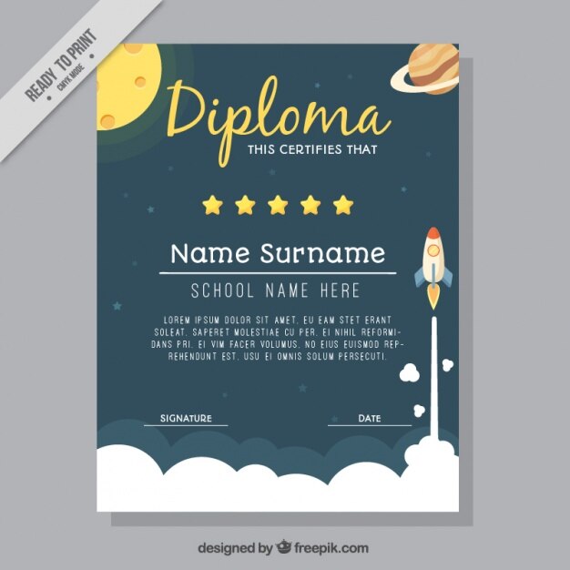 Diploma of college with with rocket and planetes