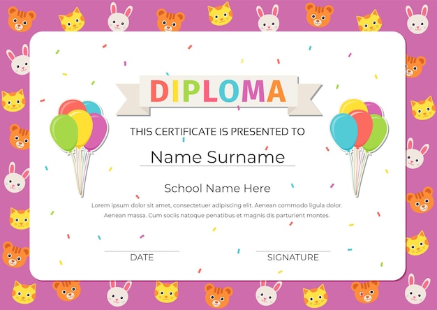 Diploma for kids certificate background Cute preschool kindergarten school graduate template