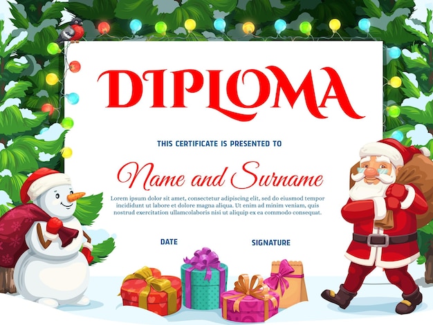 Diploma of certificaat met kerstcadeaus Kerstman