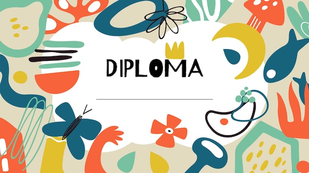 디플로마 템플릿입니다. 어린이 또는 성인을 위한 Doodle 현대 인증서 디자인. 현대 빈 수상 배너 벡터 배경입니다. 빈 문서 교육, 대학원 상 그림
