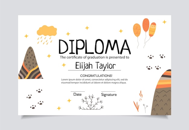 Шаблон диплома для фона детского сертификата с нарисованными вручную милыми элементами горы и воздушные шары