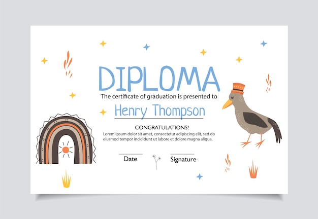 Vector diploma template for kids certificate background with hand drawn cute elements crow