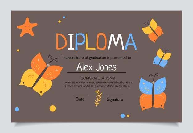 Diploma template for kids, certificate background with hand drawn cute elements for school, preschool or playschool. vector illustration.