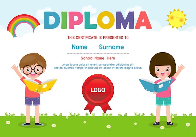 Diploma template for kids certificates kindergarten and elementary