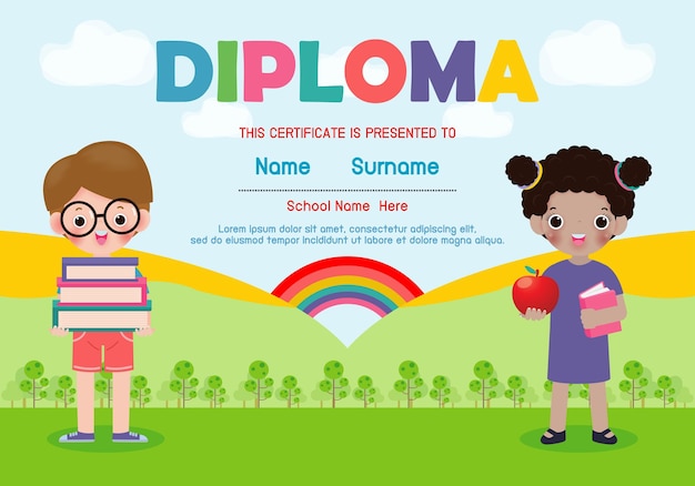 Diploma template for kids certificates kindergarten and elementary