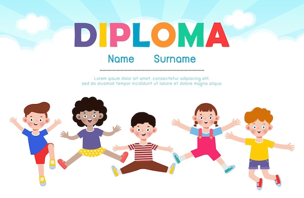 Diploma template for kids flat style Certificates kindergarten and elementary Preschool isolated