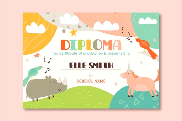 Vector diploma template for kids with animal cartoons