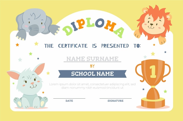 Diploma template for kids with savannah animals