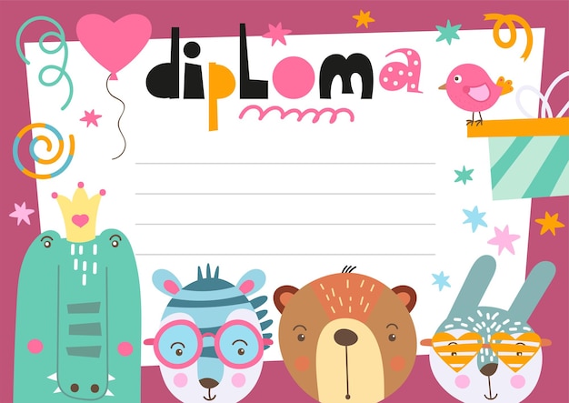 Vector diploma template with cute animals in doodle cartoon style