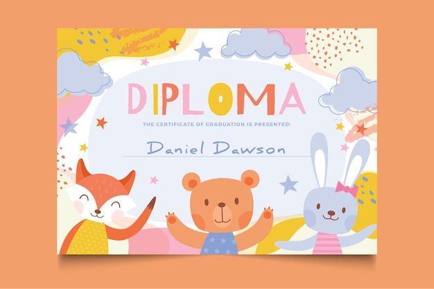 Modello di diploma con simpatici animali per bambini