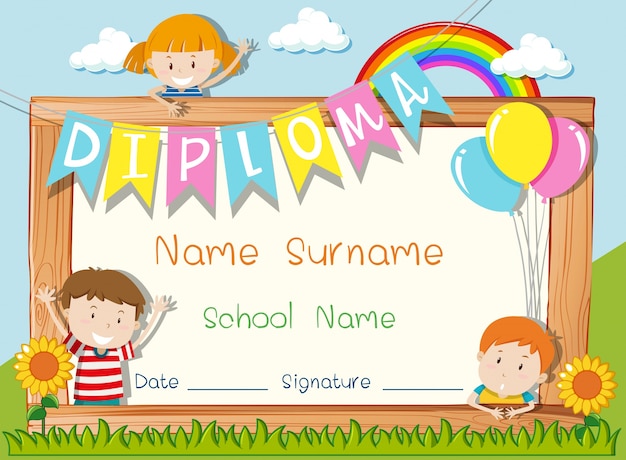 Vector diploma template with kids in the park background