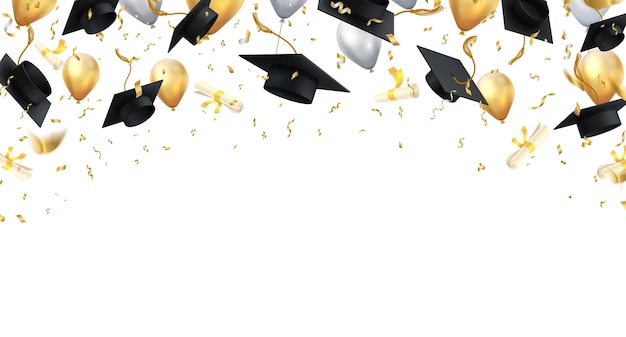 Diploma uitreiking. transparante achtergrond met realistische vliegende zwarte graad caps confetti ballonnen en diploma's. vector afbeelding school en universitair onderwijs banner met gouden glitter op witte achtergrond