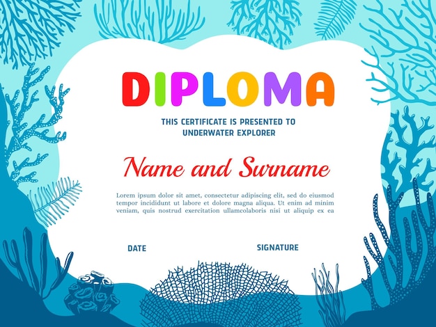 Diploma for underwater explorer with seaweeds