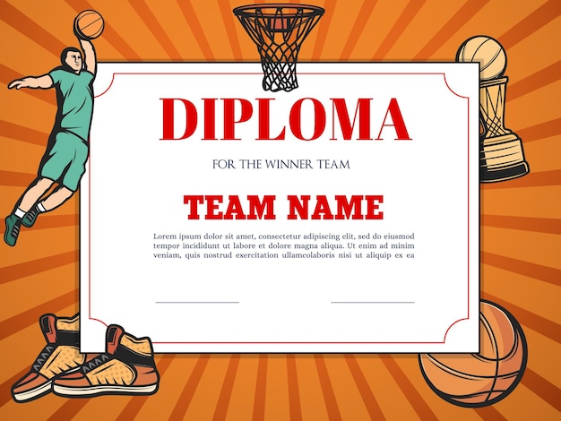 Vector diploma for the winner in basketball competition