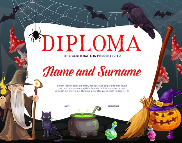 Diploma with halloween sorcerer pumpkin cobweb