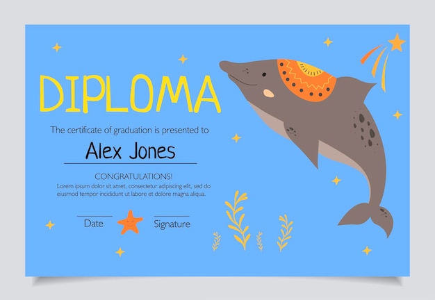 Diplomasjabloon voor kinderen, certificaatachtergrond met handgetekende schattige elementen voor school, kleuterschool of peuterspeelzaal. vector illustratie