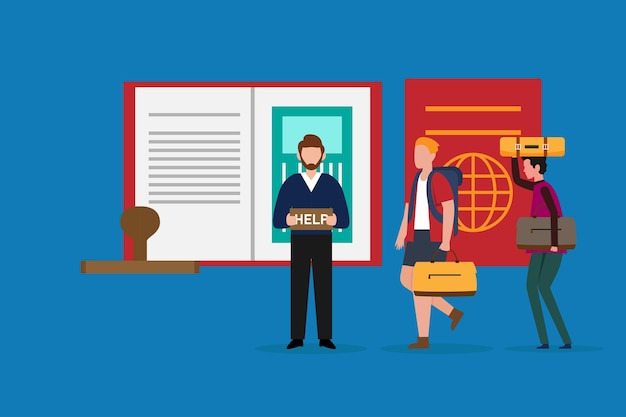 Vector diplomat helping tourist with foreign country travel document