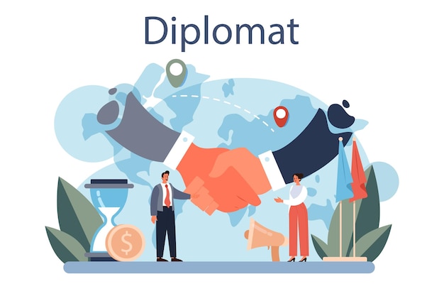 Diplomatenberoep idee van internationale betrekkingen en overheid land wereldwijde vertegenwoordiging onderhandelingsproces diplomatiek evenement geïsoleerde vectorillustratie